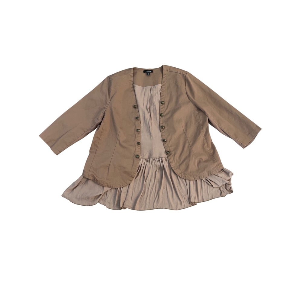 Torrid Womens Size 2 Tan Brown Peplum Ruffle Mixed Media open jacket